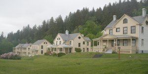 Washington State Parks Fort Columbia: Left to right are the barracks, administration bulding, double officers quarters, and commanding officers quarters.